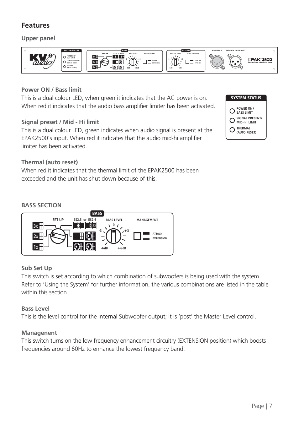 Features, Upper panel page | 7 | KV2 Audio EPAK2500 User Manual | Page 7 / 16