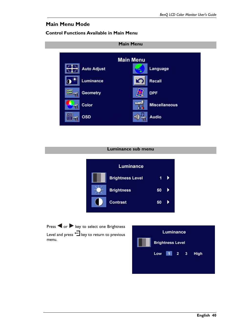 Main menu mode | BenQ FP591 User Manual | Page 41 / 53