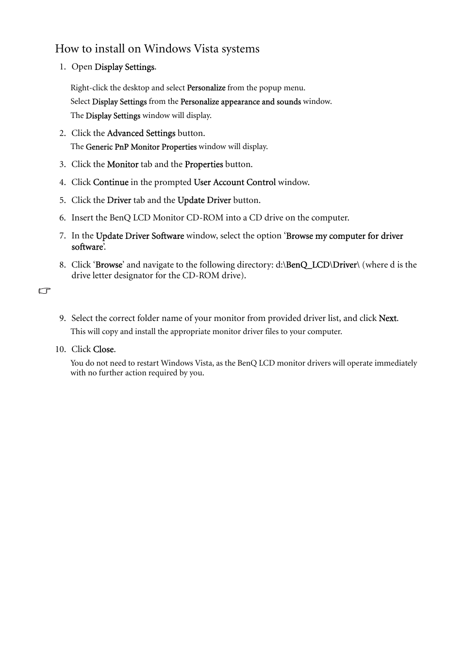 How to install on windows vista systems | BenQ G2000WA User Manual | Page 14 / 31