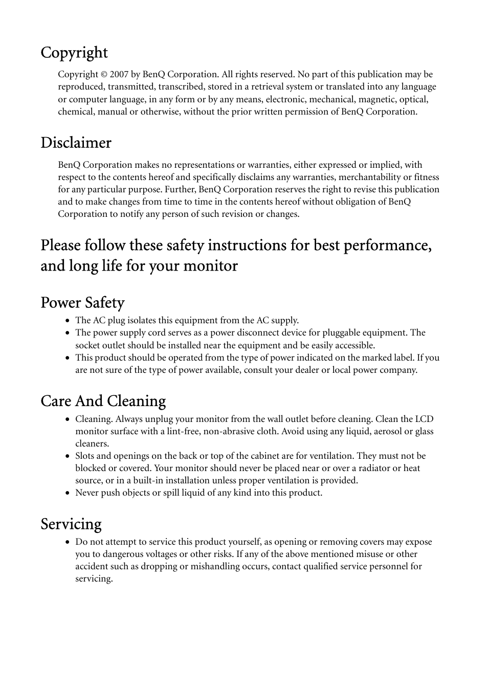 Copyright, Disclaimer, Care and cleaning | Servicing | BenQ G2000WA User Manual | Page 2 / 31