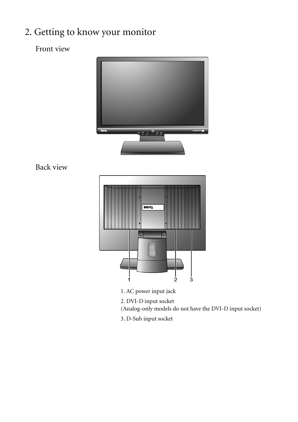 Getting to know your monitor, Front view, Back view | Front view back view | BenQ G2000WA User Manual | Page 6 / 31