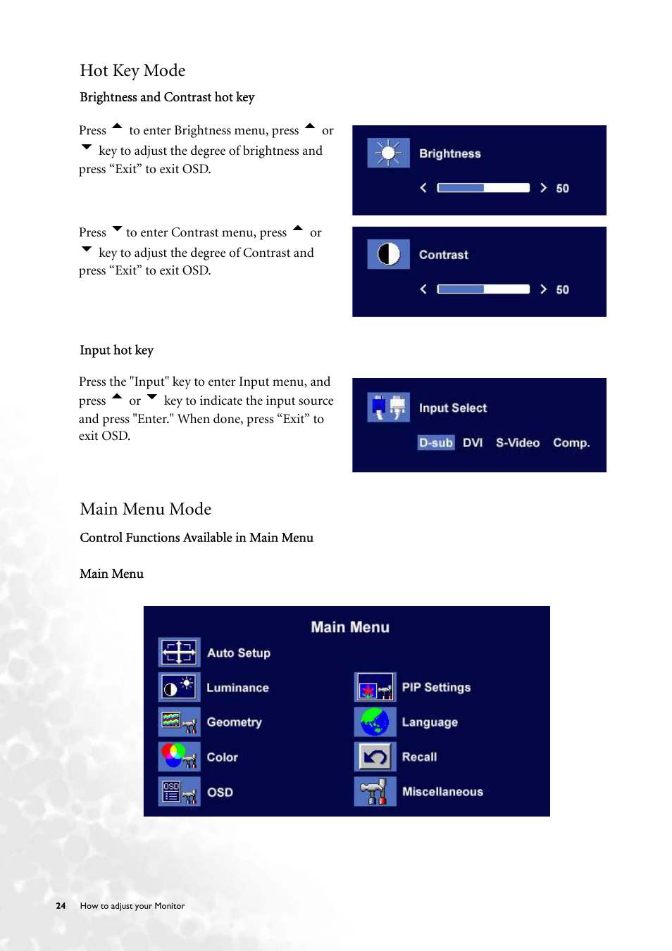 Hot key mode, Main menu mode, Hot key mode main menu mode | BenQ FP231W User Manual | Page 24 / 37