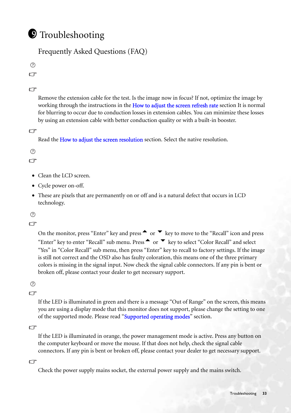 Troubleshooting, Frequently asked questions (faq) | BenQ FP231W User Manual | Page 33 / 37