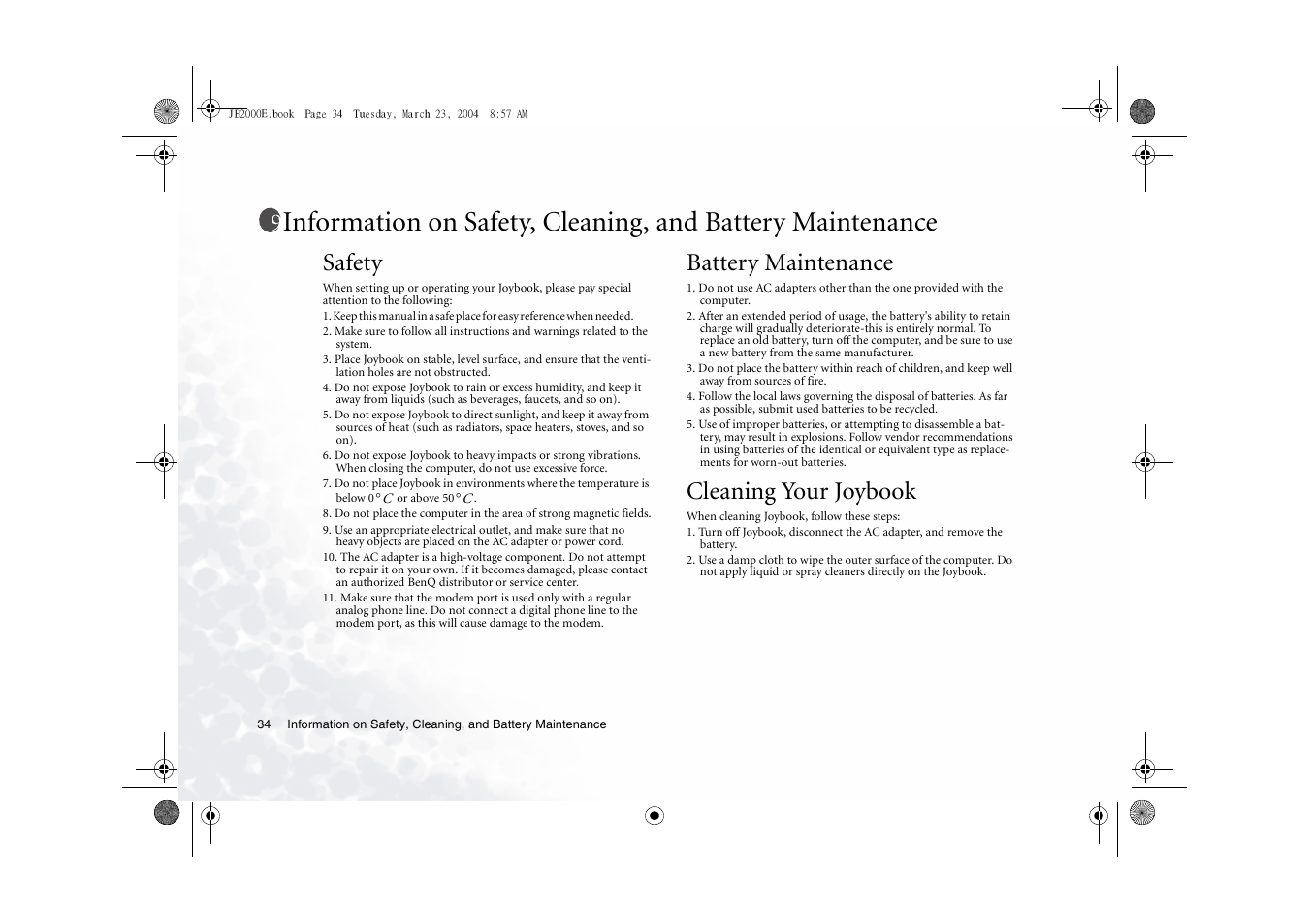 Safety, Battery maintenance, Cleaning your joybook | BenQ Joybook 2000 Series User Manual | Page 38 / 38