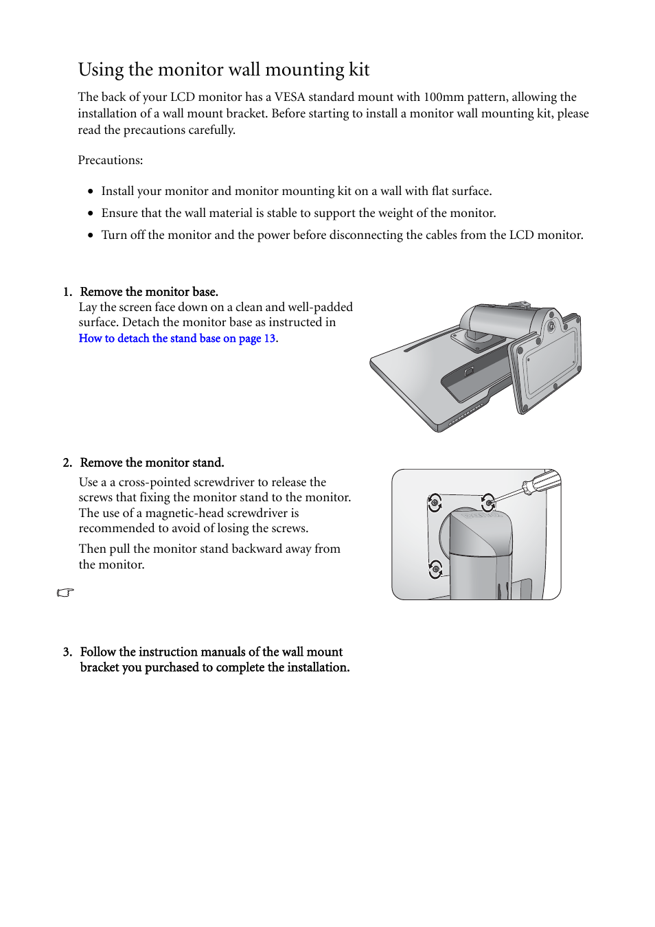 Using the monitor wall mounting kit | BenQ LCD Monitor XL2410T User Manual | Page 14 / 40