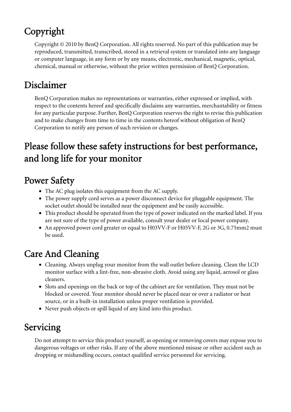 Copyright, Disclaimer, Care and cleaning | Servicing | BenQ LCD Monitor XL2410T User Manual | Page 2 / 40