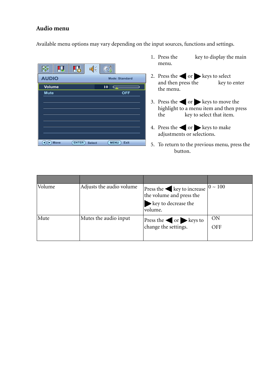 Audio menu | BenQ LCD Monitor XL2410T User Manual | Page 35 / 40