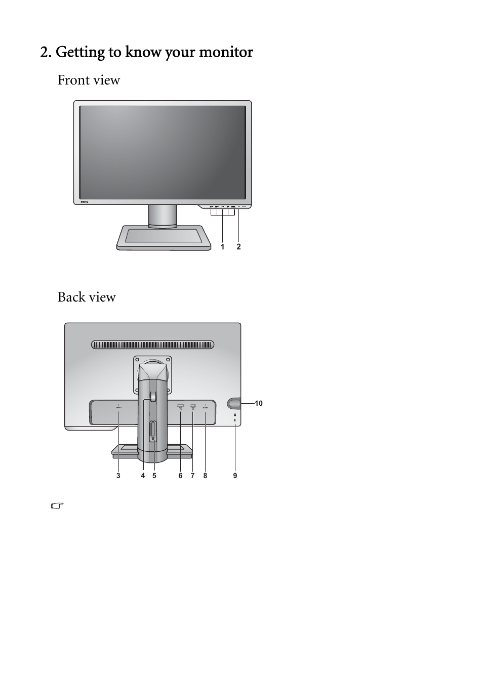 Getting to know your monitor, Front view, Back view | Front view back view | BenQ LCD Monitor XL2410T User Manual | Page 6 / 40