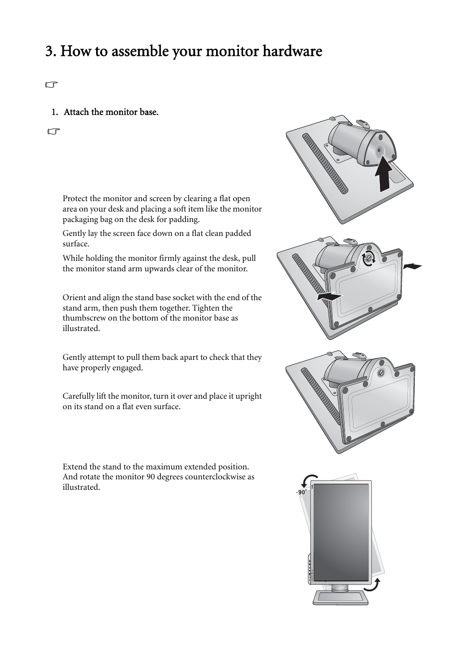 How to assemble your monitor hardware | BenQ LCD Monitor XL2410T User Manual | Page 7 / 40