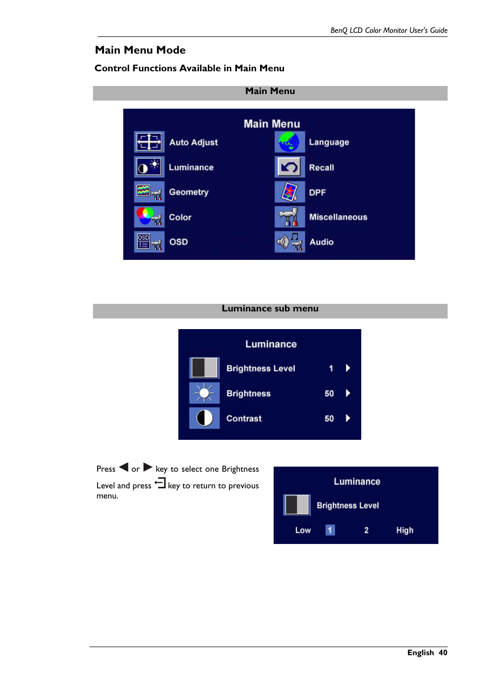 Main menu mode | BenQ FP791 User Manual | Page 41 / 53