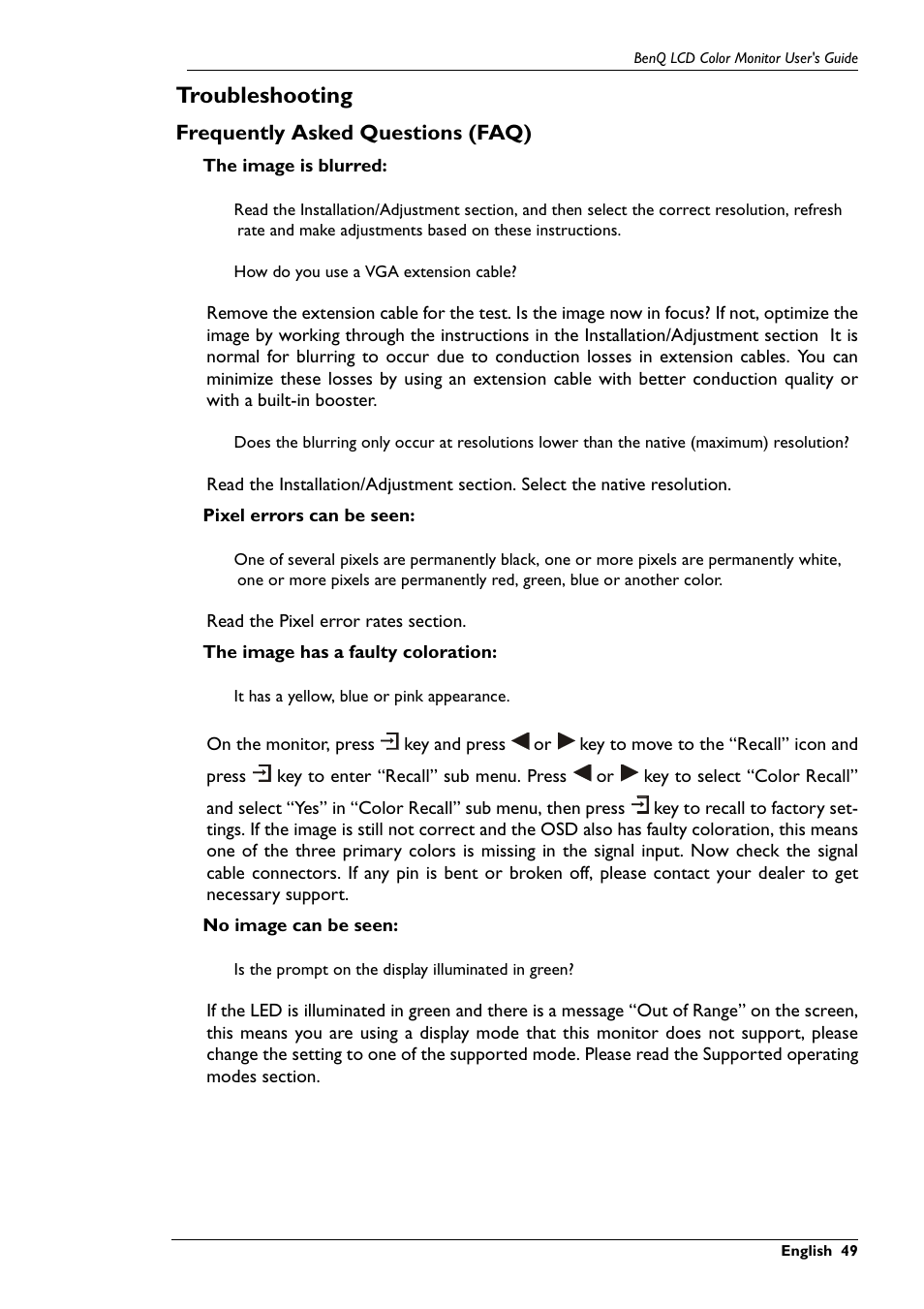 Troubleshooting, Frequently asked questions (faq) | BenQ FP791 User Manual | Page 50 / 53