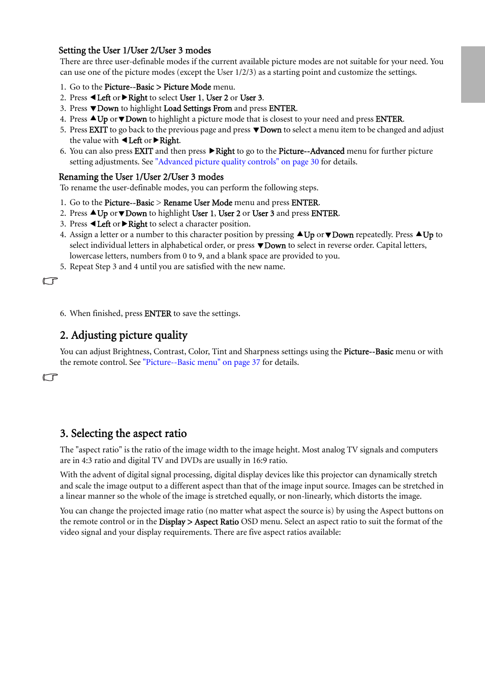 Adjusting picture quality, Selecting the aspect ratio, Setting the | English | BenQ W500 User Manual | Page 29 / 54