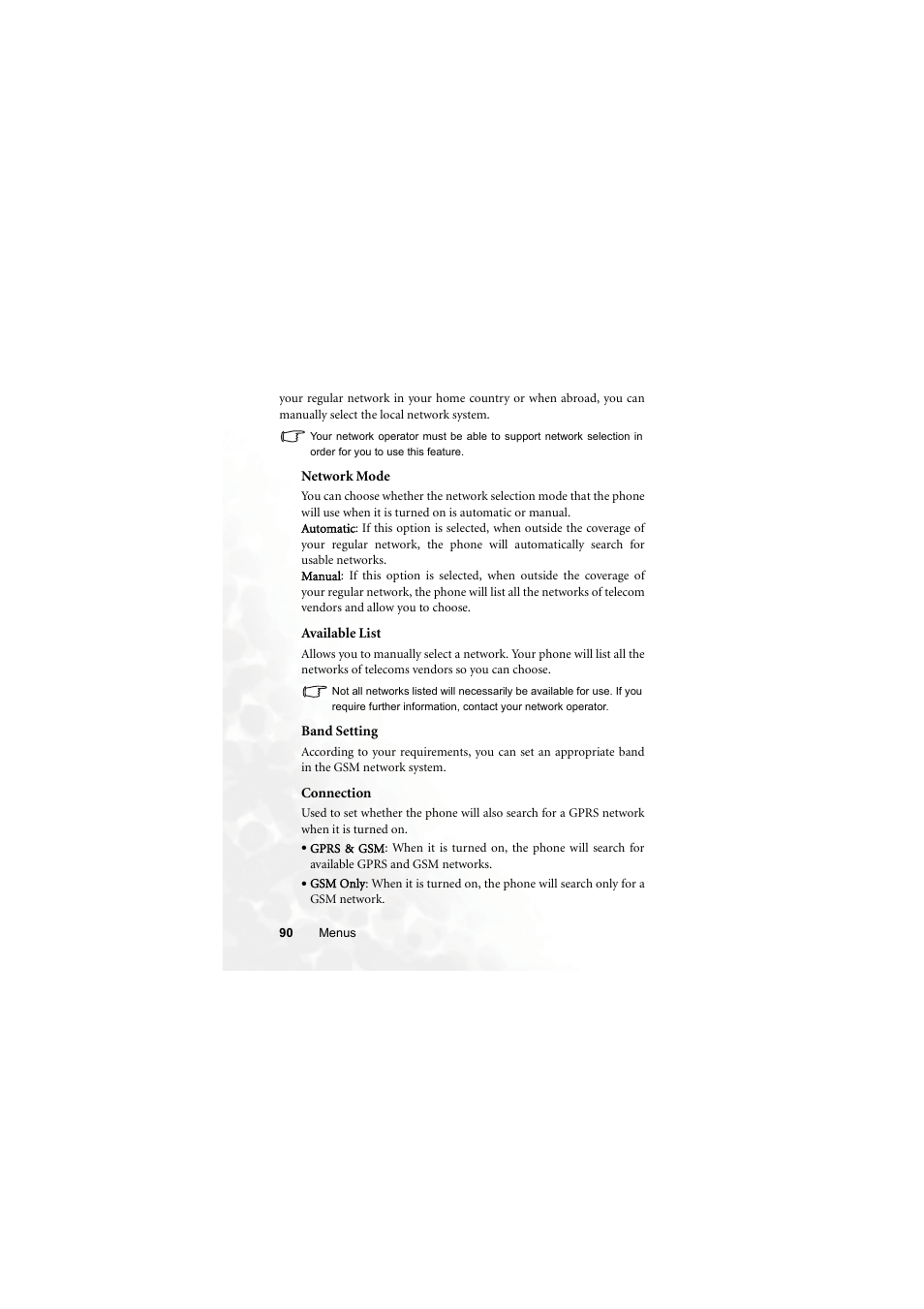 Network mode, Available list, Band setting | Connection | BenQ M315 User Manual | Page 102 / 110