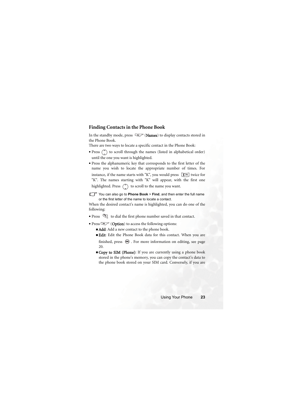 Finding contacts in the phone book | BenQ M315 User Manual | Page 35 / 110