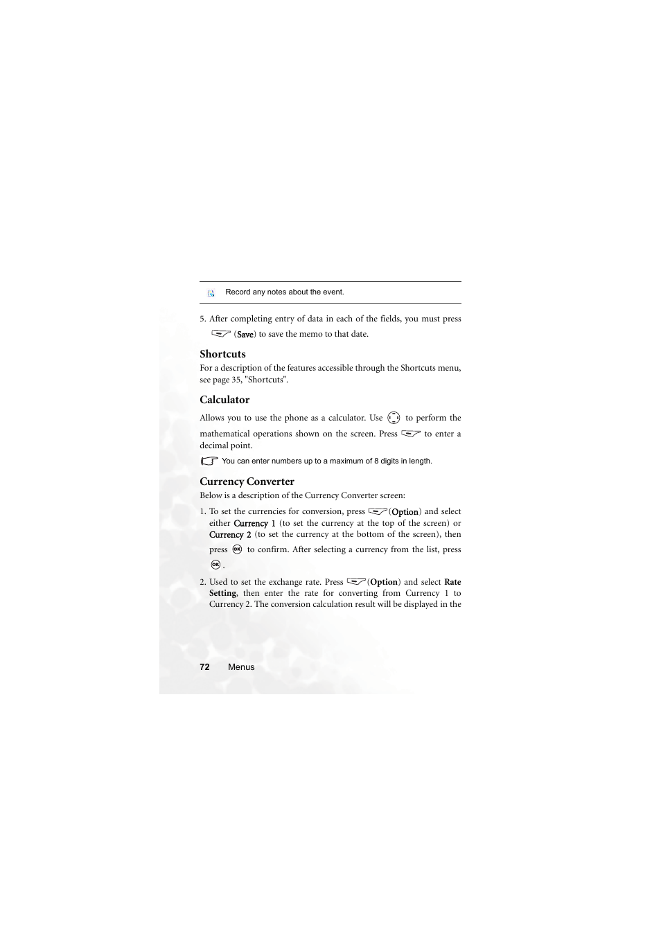Shortcuts, Calculator, Currency converter | Shortcuts calculator currency converter | BenQ M315 User Manual | Page 84 / 110