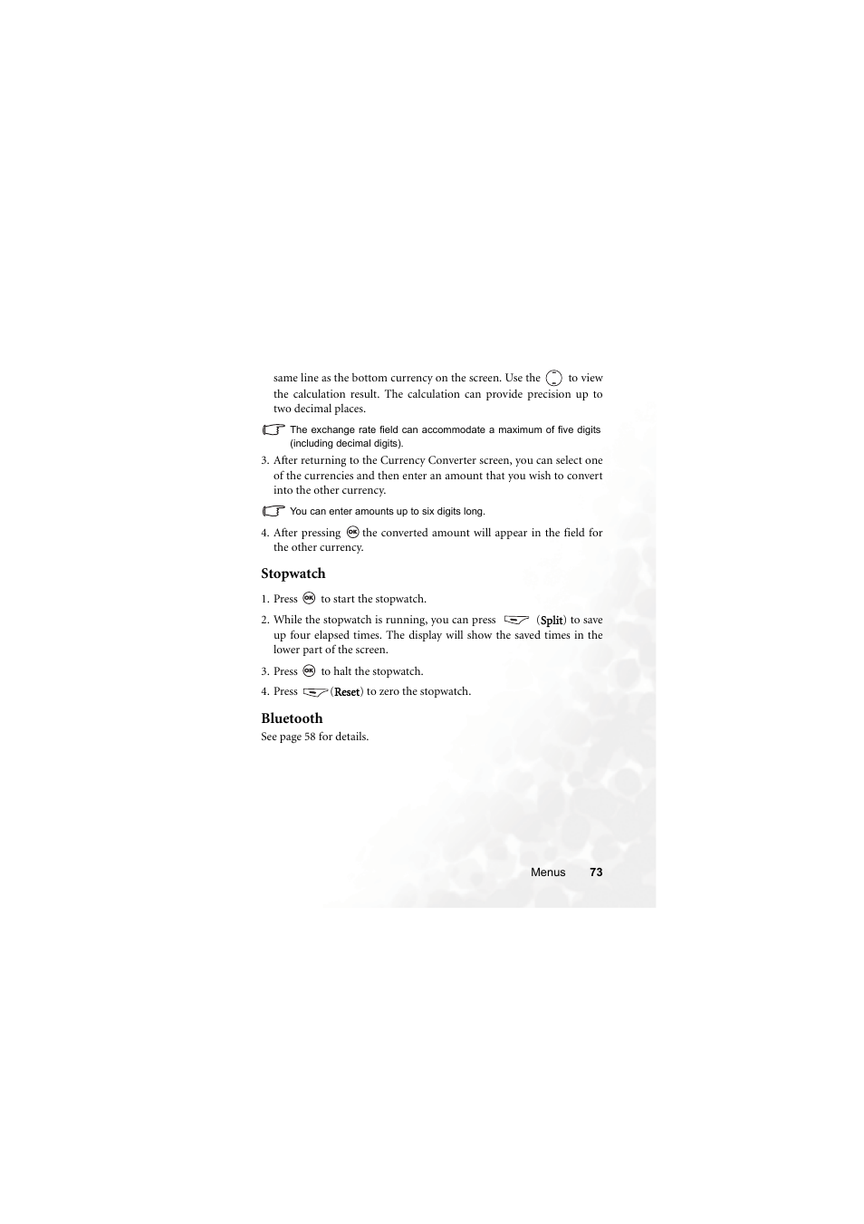 Stopwatch, Bluetooth, Stopwatch bluetooth | BenQ M315 User Manual | Page 85 / 110