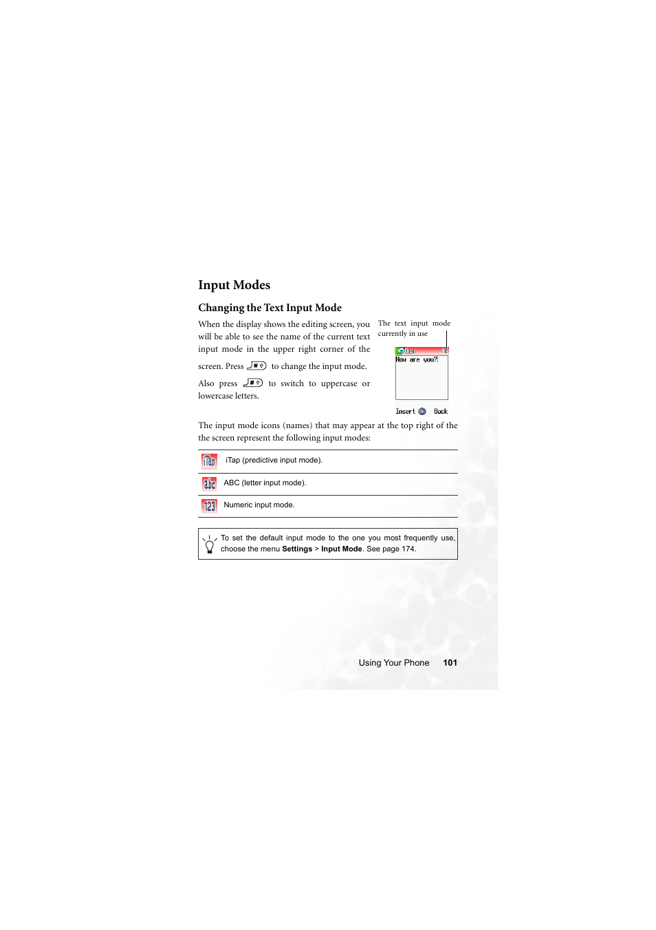 Input modes, Changing the text input mode | BenQ S700 User Manual | Page 117 / 202