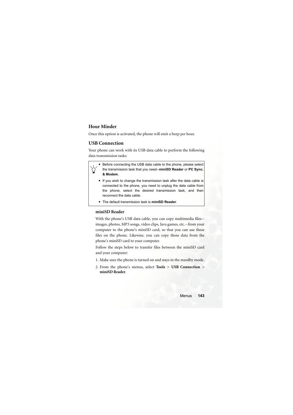 Hour minder, Usb connection, Minisd reader | Hour minder usb connection | BenQ S700 User Manual | Page 159 / 202