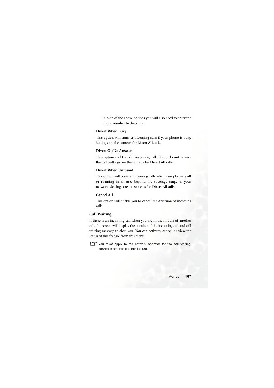 Divert when busy, Divert on no answer, Divert when unfound | Cancel all, Call waiting | BenQ S700 User Manual | Page 183 / 202
