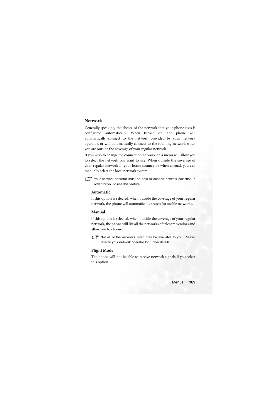 Network, Automatic, Manual | Flight mode | BenQ S700 User Manual | Page 185 / 202