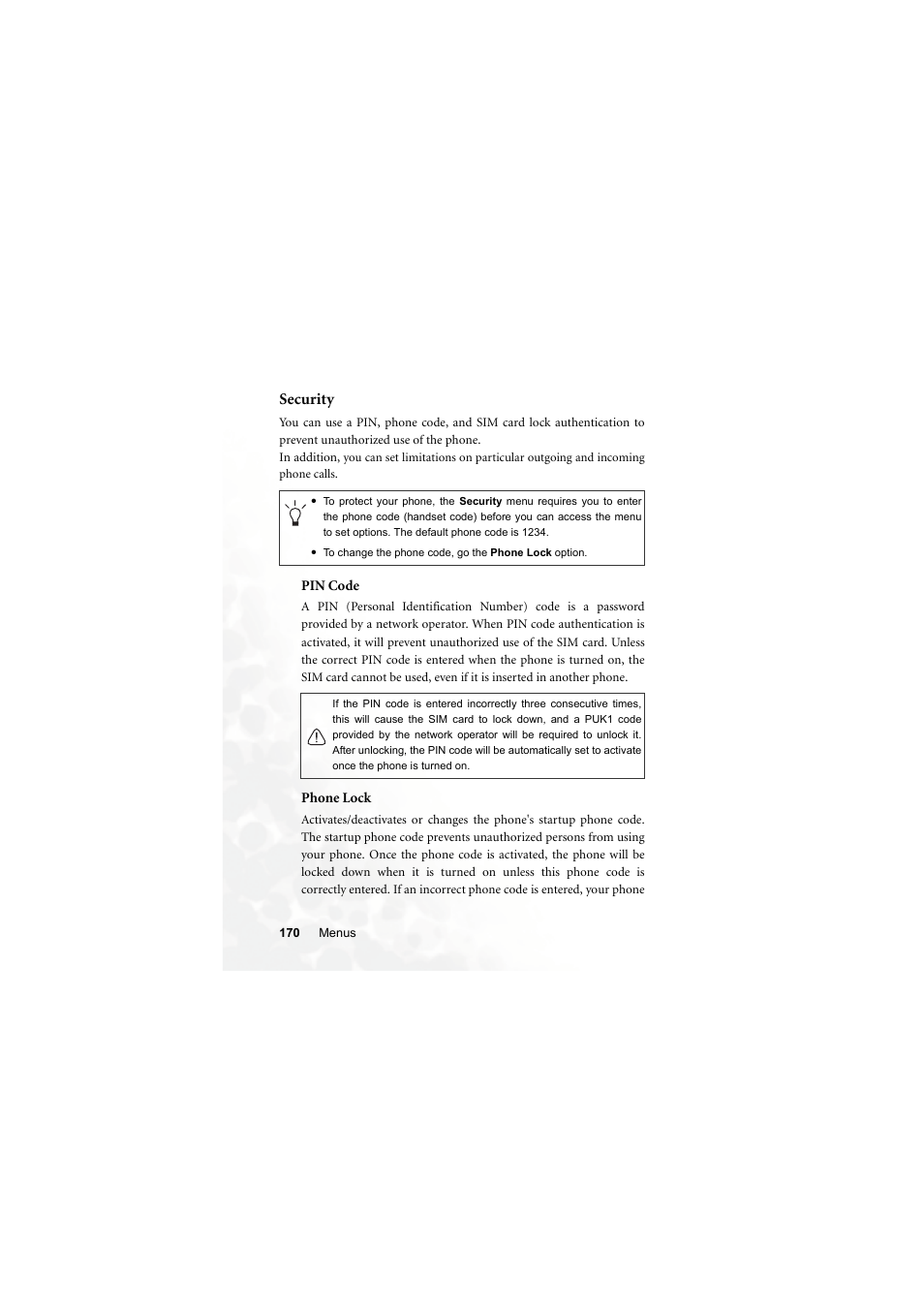 Security, Pin code, Phone lock | BenQ S700 User Manual | Page 186 / 202