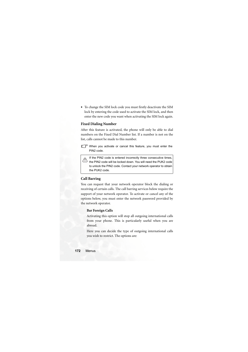 Fixed dialing number, Call barring, Bar foreign calls | BenQ S700 User Manual | Page 188 / 202