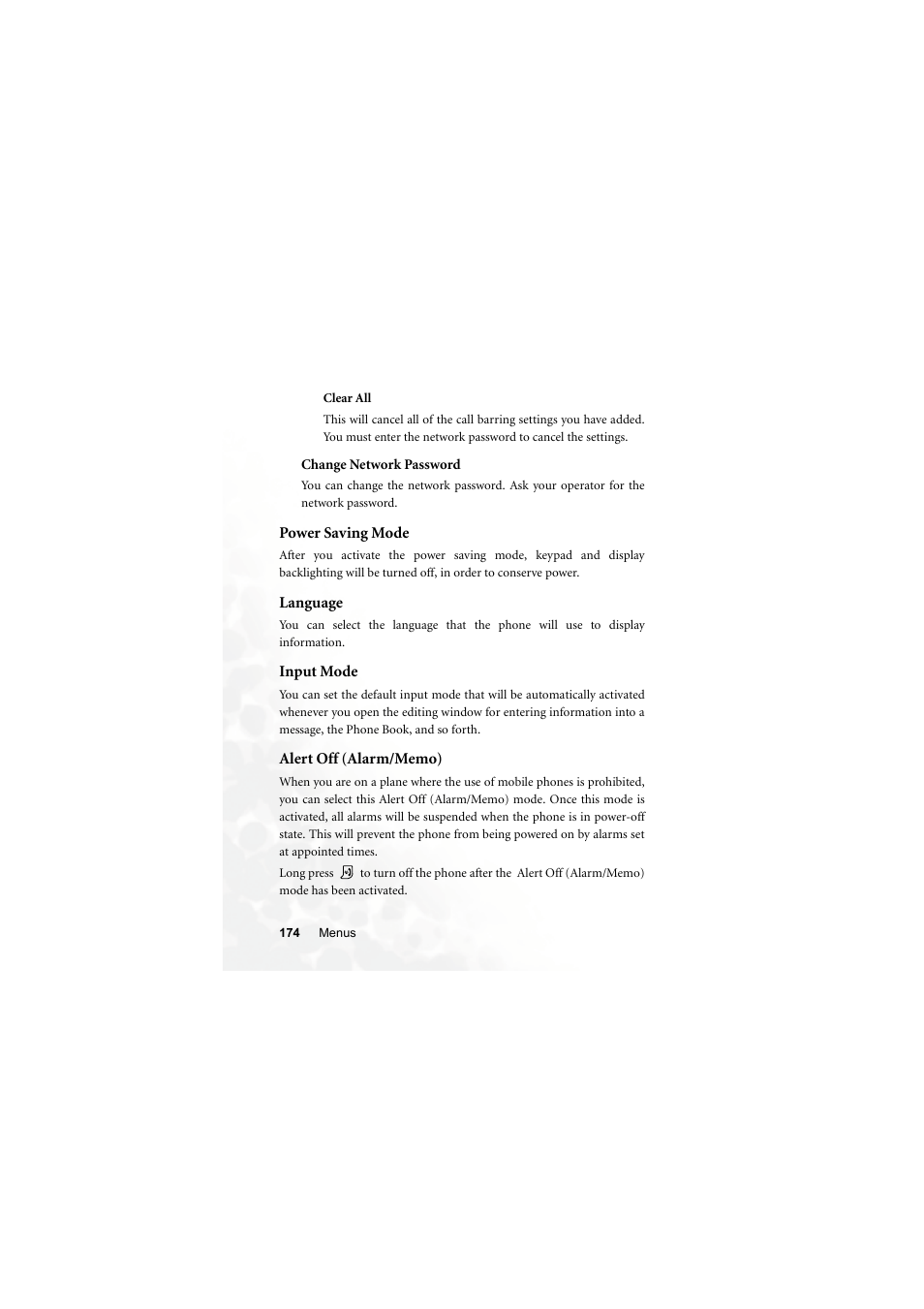 Clear all, Change network password, Power saving mode | Language, Input mode, Alert off (alarm/memo) | BenQ S700 User Manual | Page 190 / 202