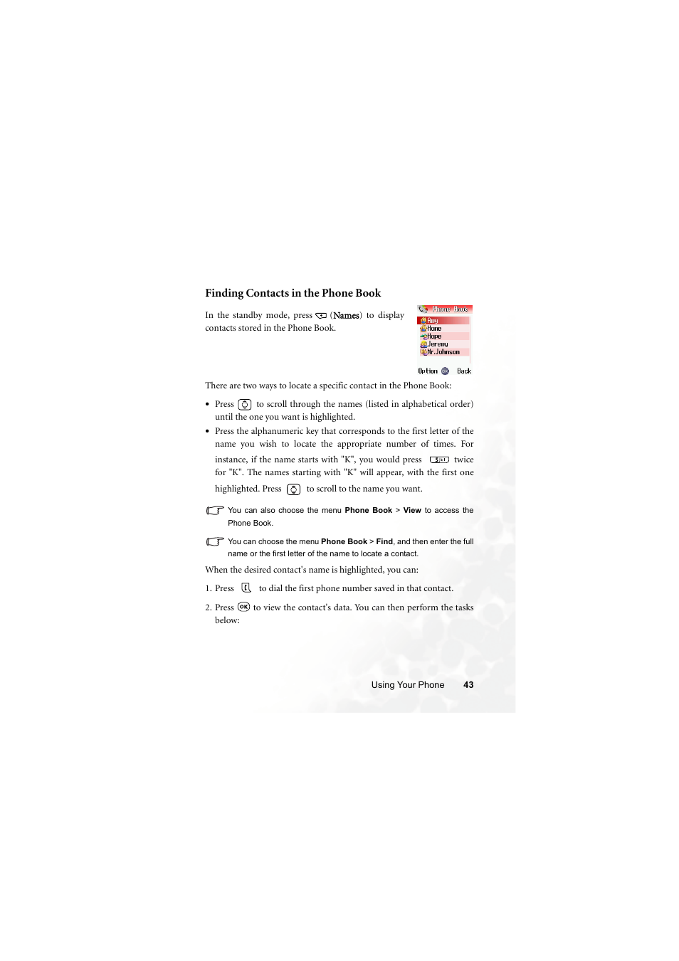 Finding contacts in the phone book | BenQ S700 User Manual | Page 59 / 202