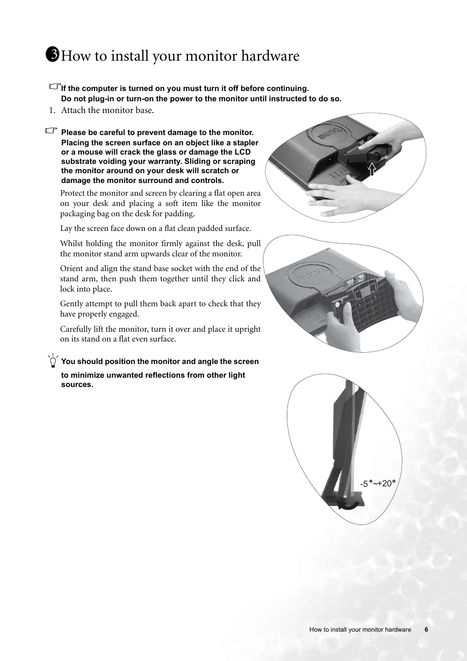 How to install your monitor hardware | BenQ FP91GP User Manual | Page 6 / 36