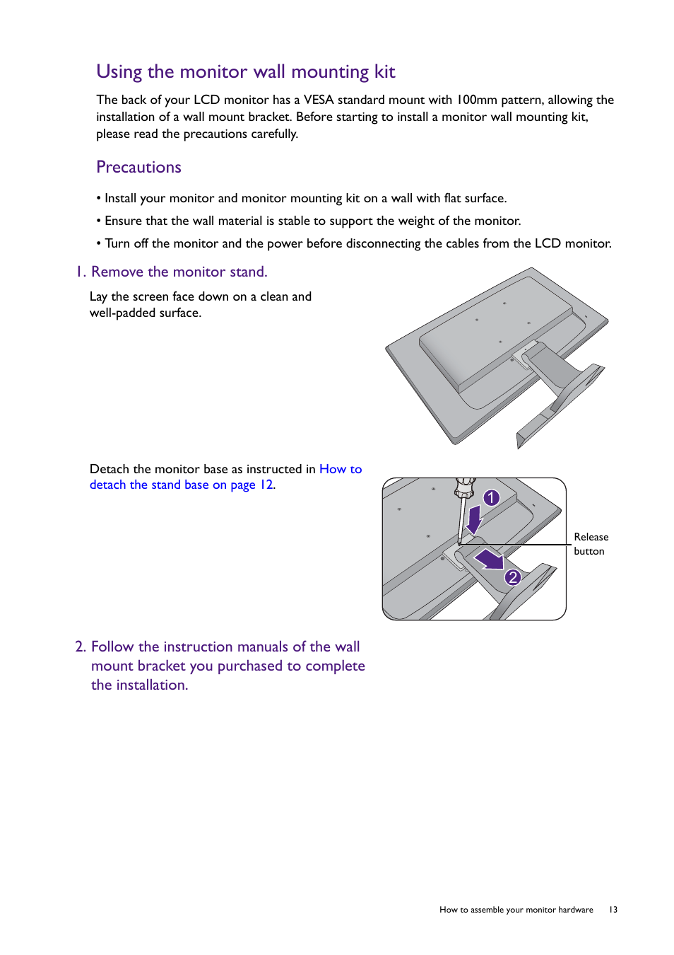 Using the monitor wall mounting kit, Precautions | BenQ Professional RTS Gaming Monitor RL2450H / RL2450HT User Manual | Page 13 / 45