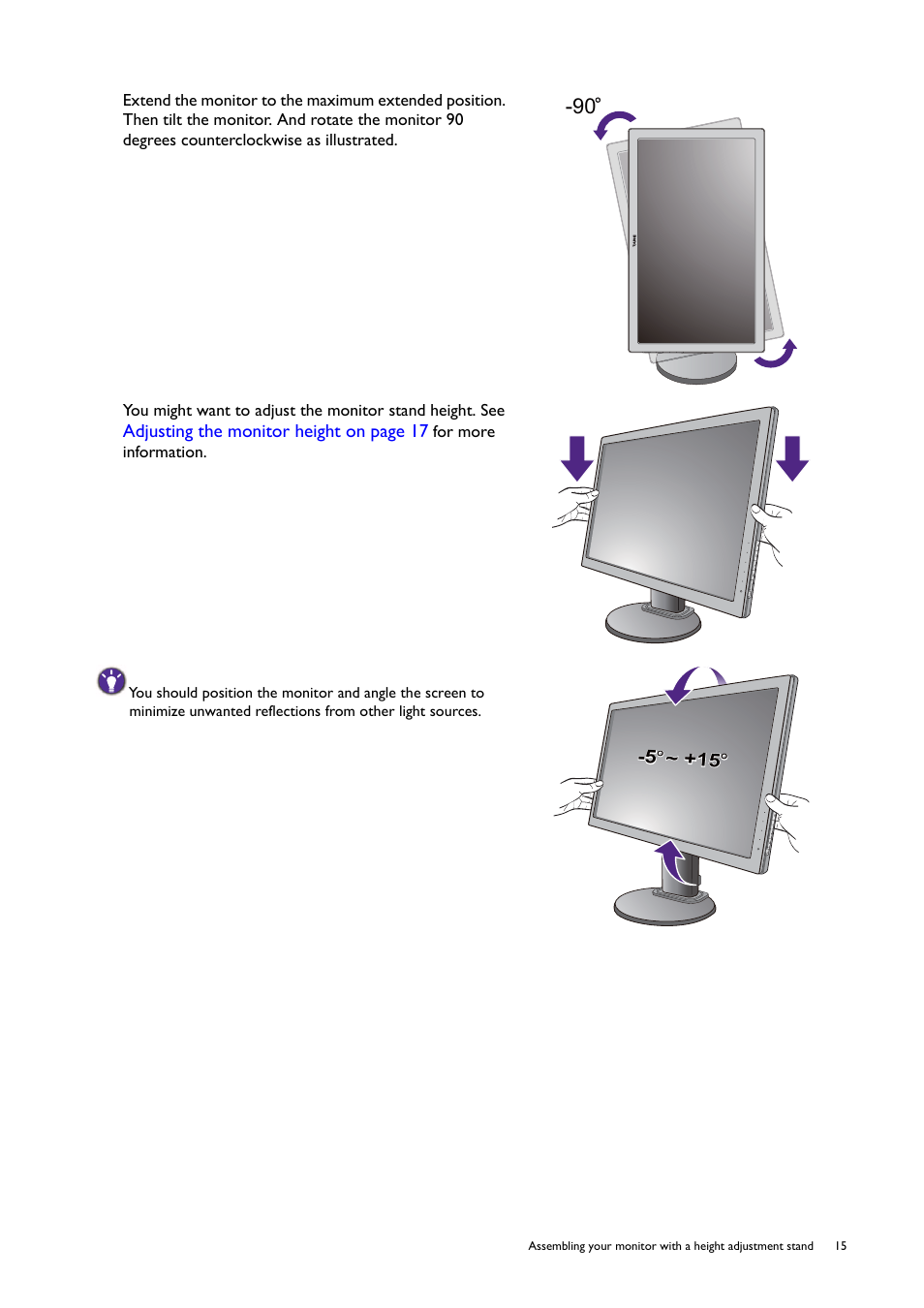 Adjusting the monitor height on page 17 | BenQ Professional RTS Gaming Monitor RL2450H / RL2450HT User Manual | Page 15 / 45