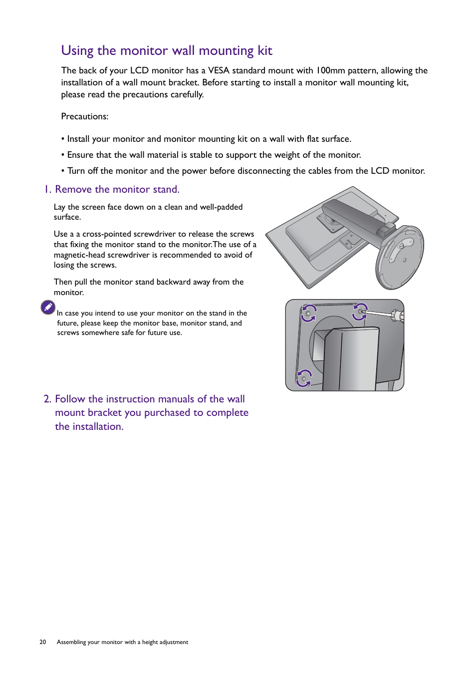 Using the monitor wall mounting kit, Remove the monitor stand | BenQ Professional RTS Gaming Monitor RL2450H / RL2450HT User Manual | Page 20 / 45