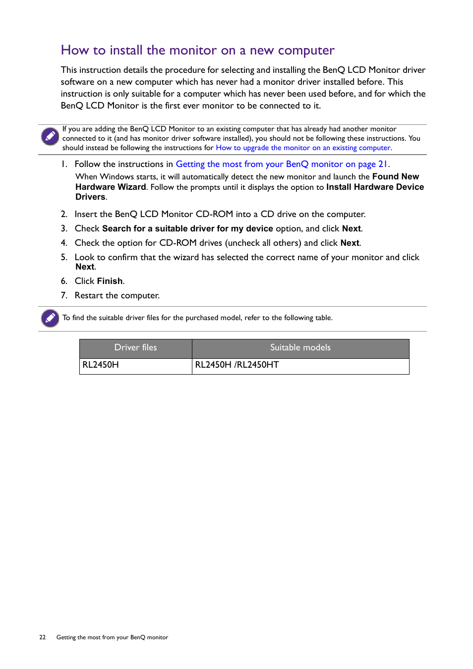 How to install the monitor on a new computer | BenQ Professional RTS Gaming Monitor RL2450H / RL2450HT User Manual | Page 22 / 45