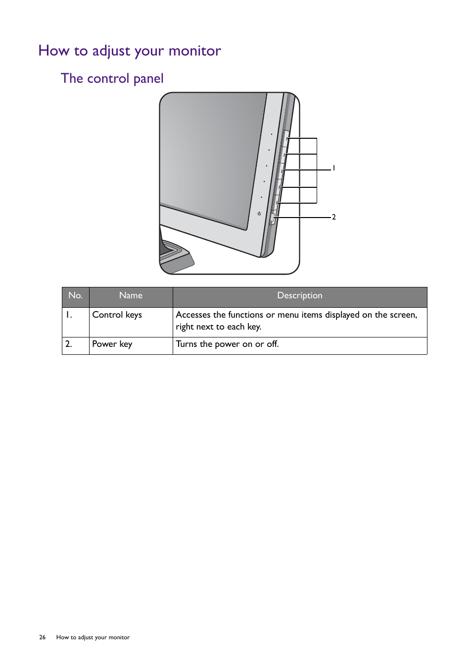 How to adjust your monitor, The control panel | BenQ Professional RTS Gaming Monitor RL2450H / RL2450HT User Manual | Page 26 / 45