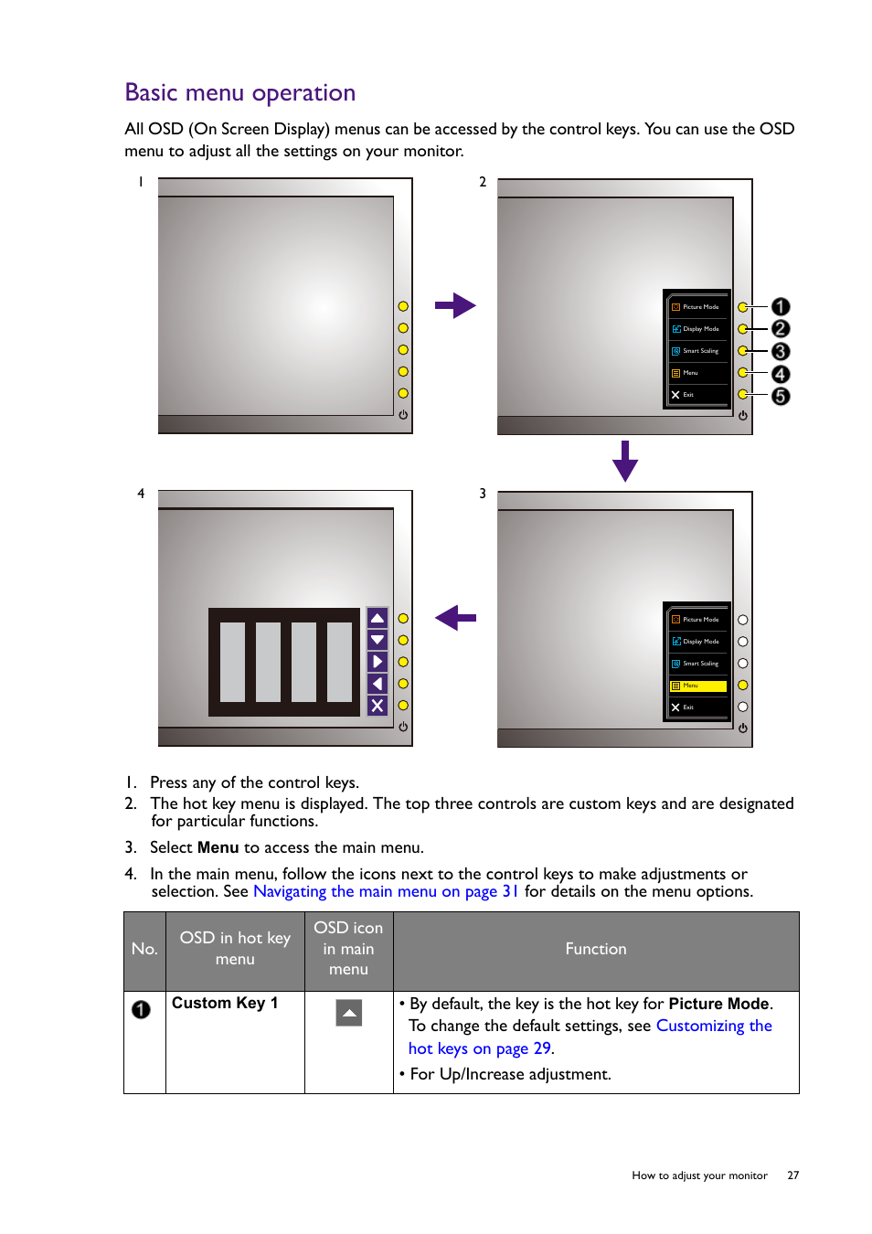 Basic menu operation | BenQ Professional RTS Gaming Monitor RL2450H / RL2450HT User Manual | Page 27 / 45