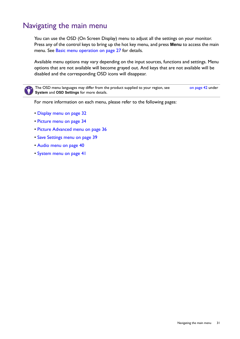 Navigating the main menu | BenQ Professional RTS Gaming Monitor RL2450H / RL2450HT User Manual | Page 31 / 45