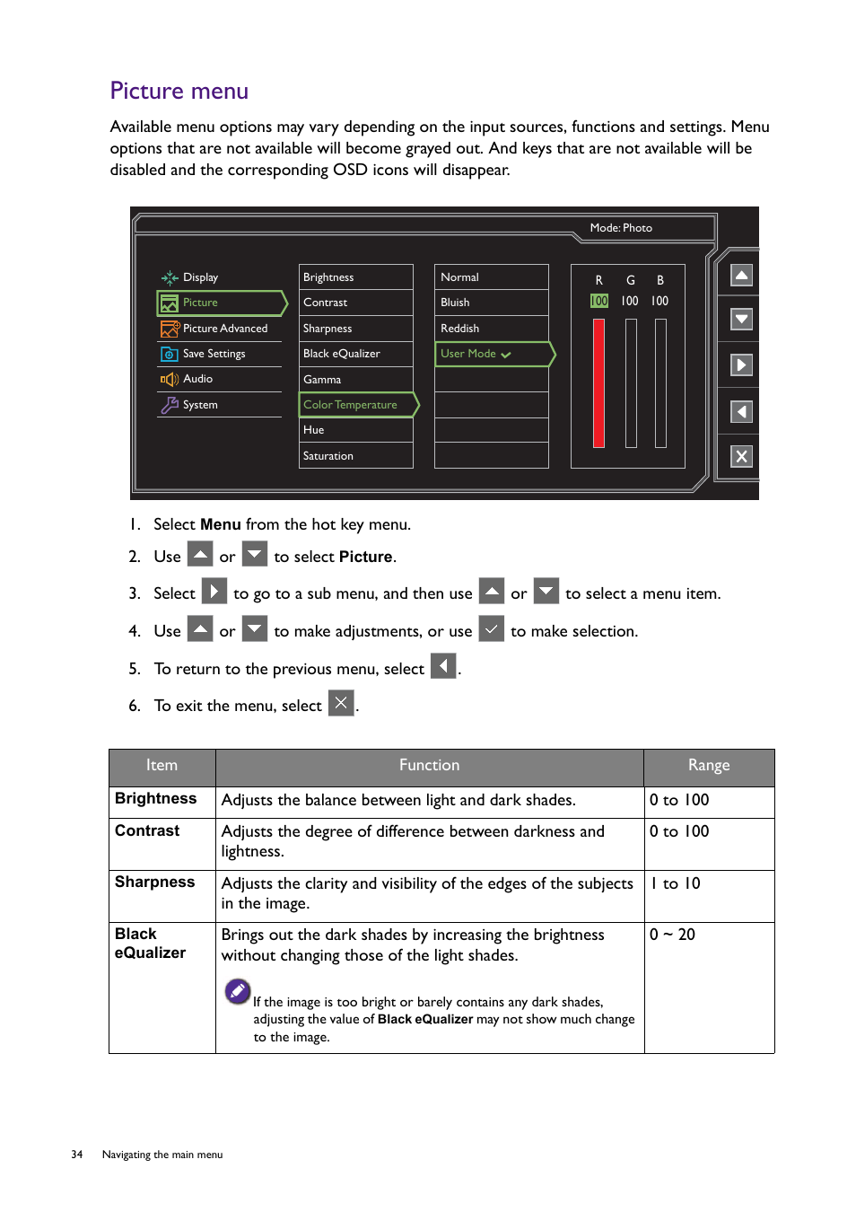 Picture menu, Brightness, Contrast | Sharpness, Black equalizer | BenQ Professional RTS Gaming Monitor RL2450H / RL2450HT User Manual | Page 34 / 45