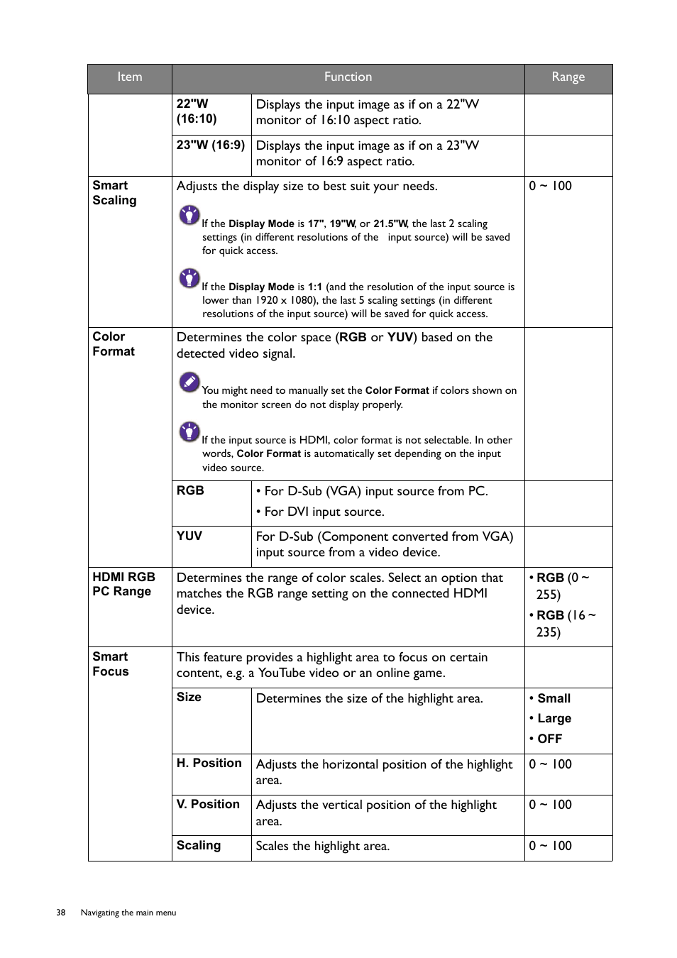 Smart scaling, Smart focus | BenQ Professional RTS Gaming Monitor RL2450H / RL2450HT User Manual | Page 38 / 45