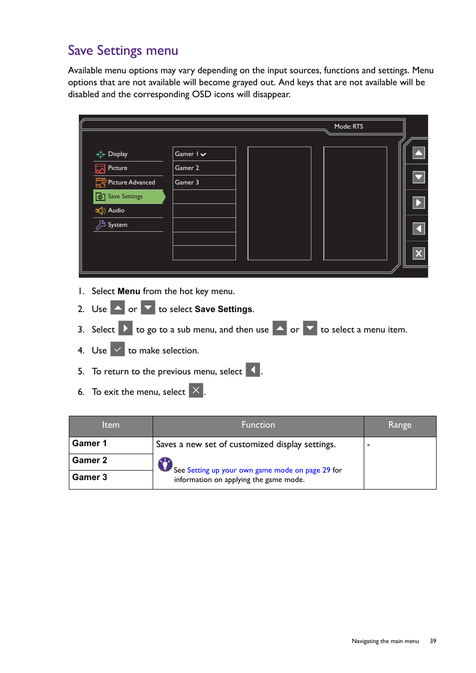 Save settings menu | BenQ Professional RTS Gaming Monitor RL2450H / RL2450HT User Manual | Page 39 / 45