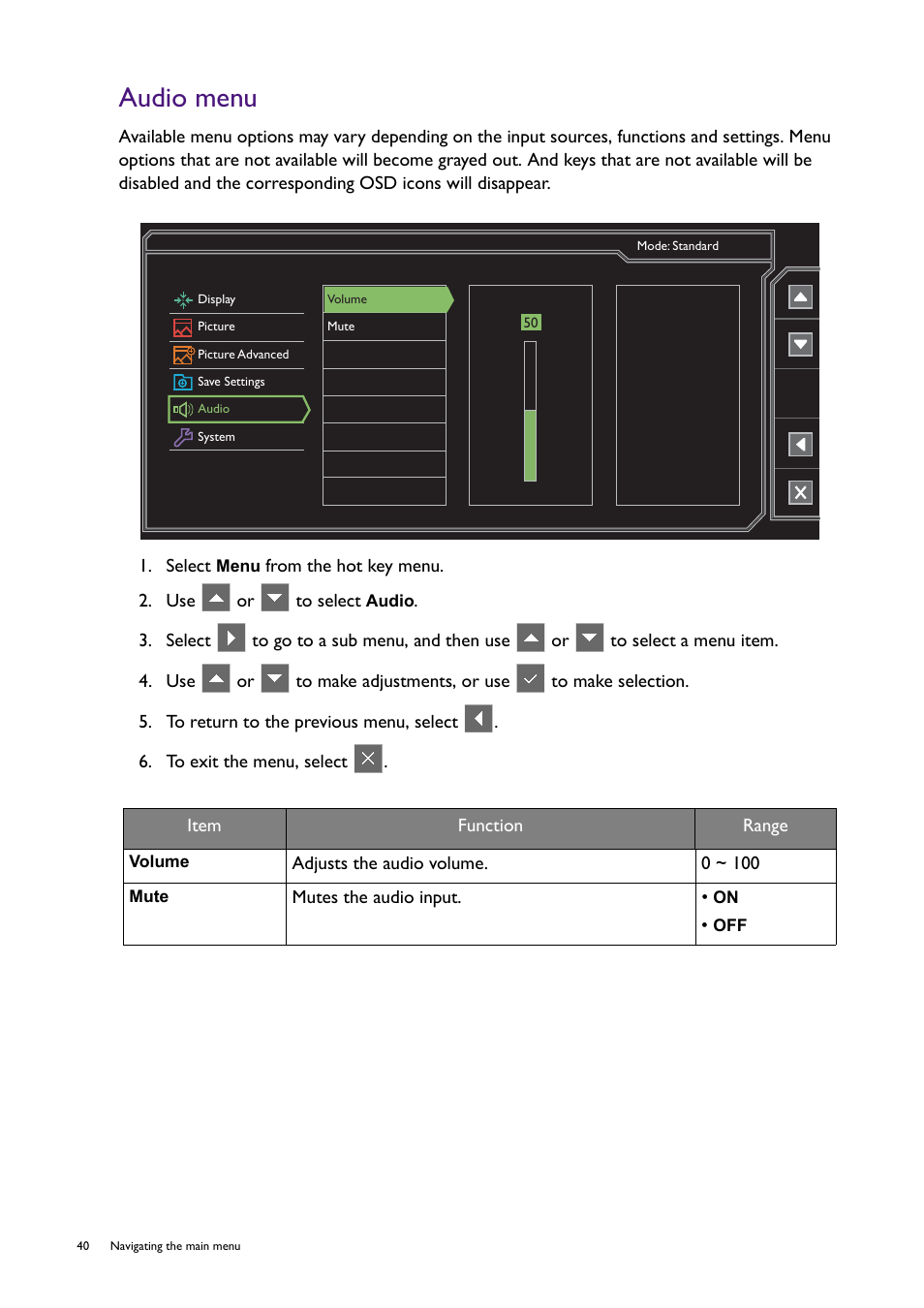 Audio menu, Volume, Mute | BenQ Professional RTS Gaming Monitor RL2450H / RL2450HT User Manual | Page 40 / 45