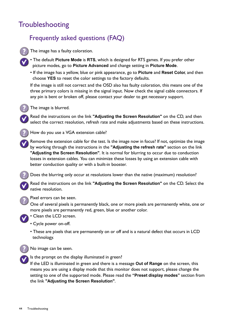 Troubleshooting, Frequently asked questions (faq) | BenQ Professional RTS Gaming Monitor RL2450H / RL2450HT User Manual | Page 44 / 45