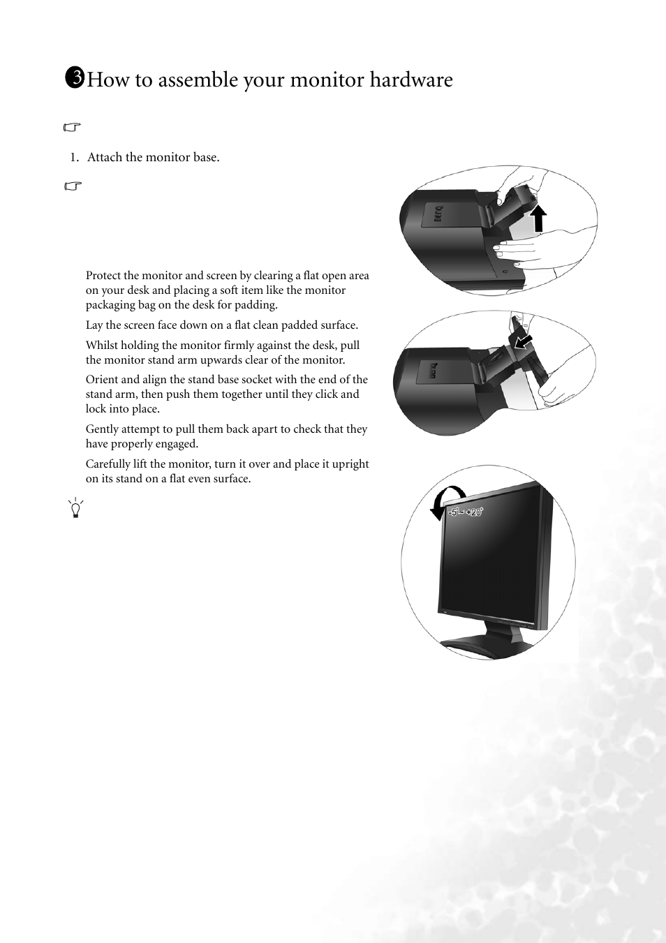 How to assemble your monitor hardware | BenQ FP73G User Manual | Page 7 / 36