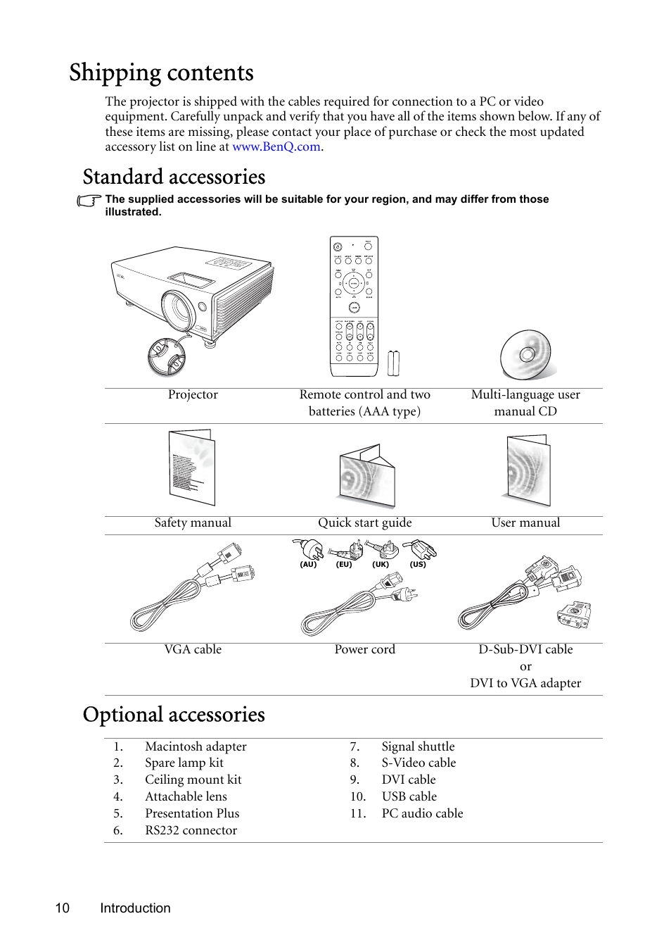 Shipping contents, Standard accessories, Optional accessories | Standard accessories optional accessories | BenQ SP831 User Manual | Page 10 / 80