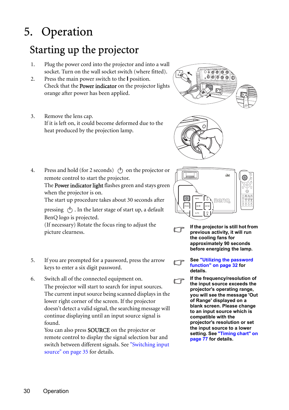 Operation, Starting up the projector | BenQ SP831 User Manual | Page 30 / 80