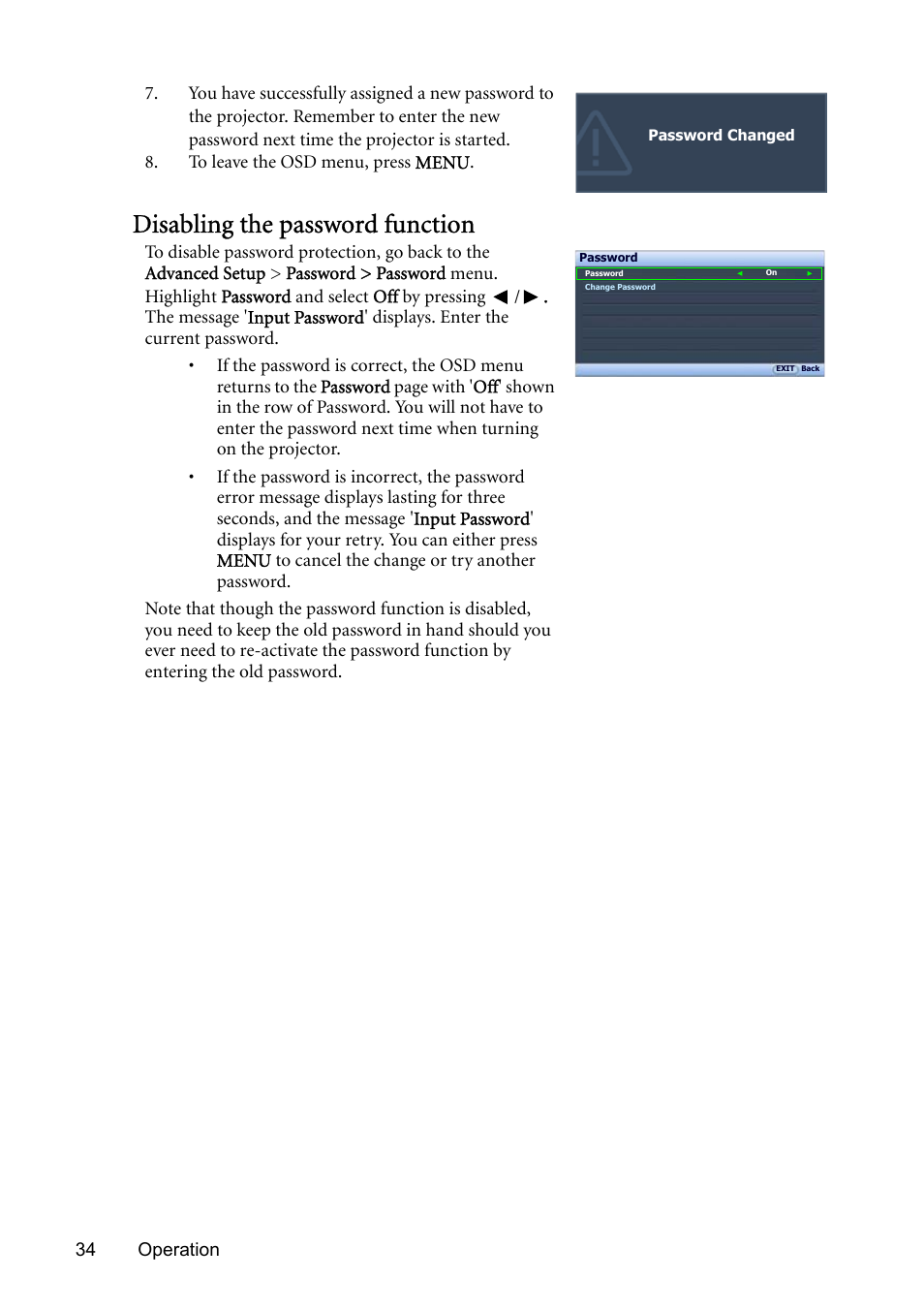 Disabling the password function | BenQ SP831 User Manual | Page 34 / 80