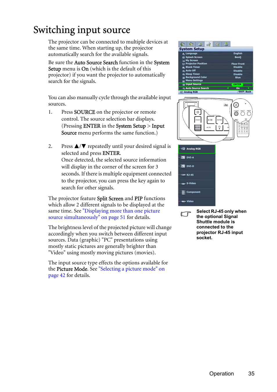 Switching input source, Switching input, Switching input source" on | For detail, Operation 35 | BenQ SP831 User Manual | Page 35 / 80