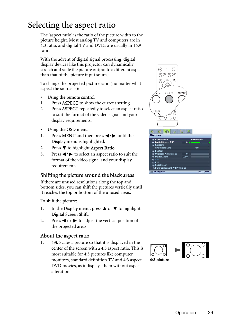 Selecting the aspect ratio, Shifting the picture around the black areas, About the aspect ratio | BenQ SP831 User Manual | Page 39 / 80