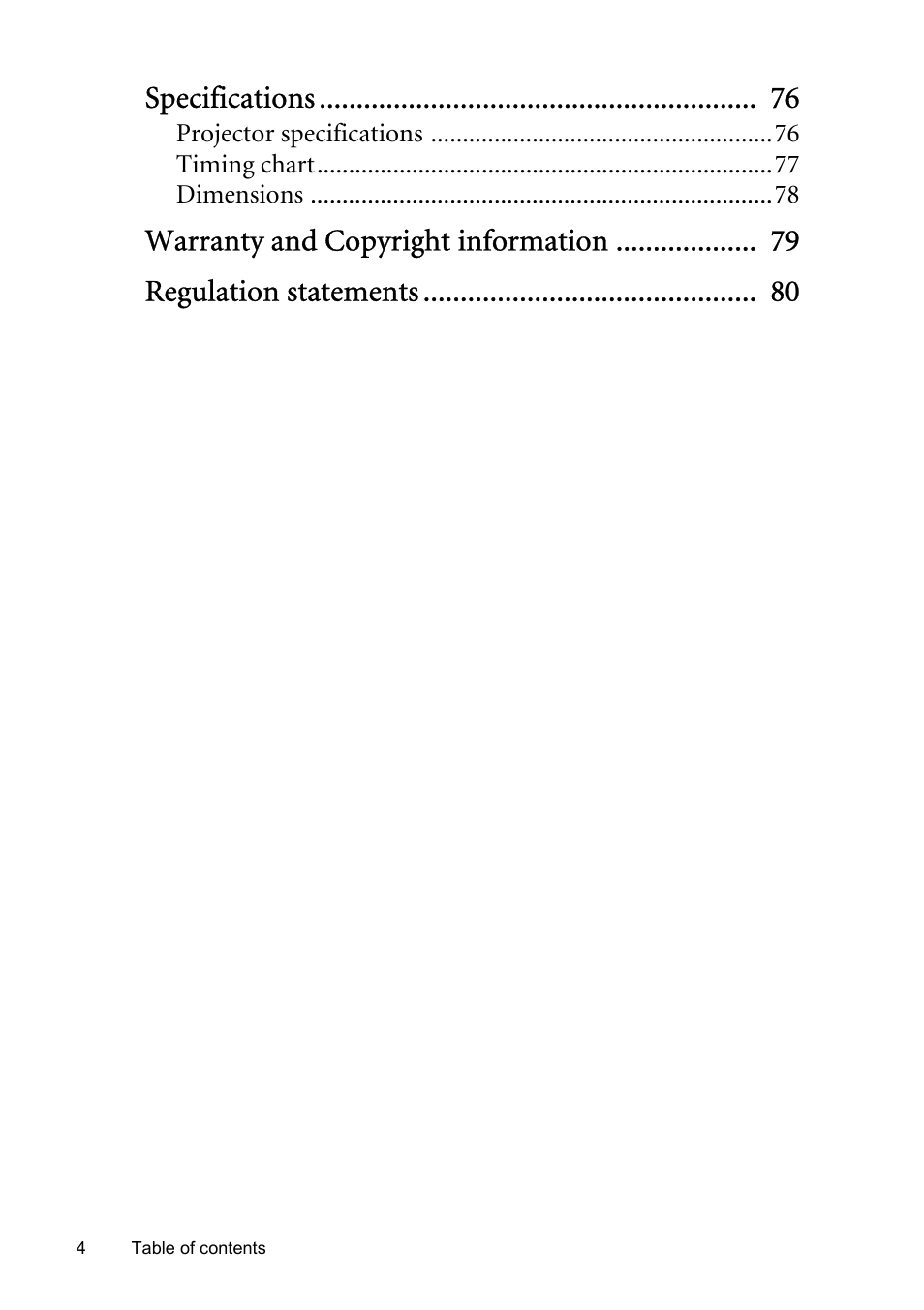 Specifications | BenQ SP831 User Manual | Page 4 / 80