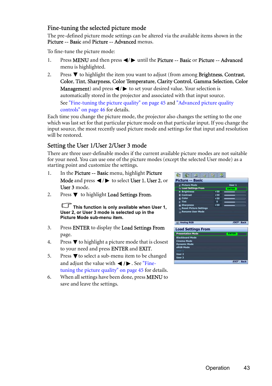 Fine-tuning the selected picture mode, Setting the user 1/user 2/user 3 mode, Operation 43 | BenQ SP831 User Manual | Page 43 / 80