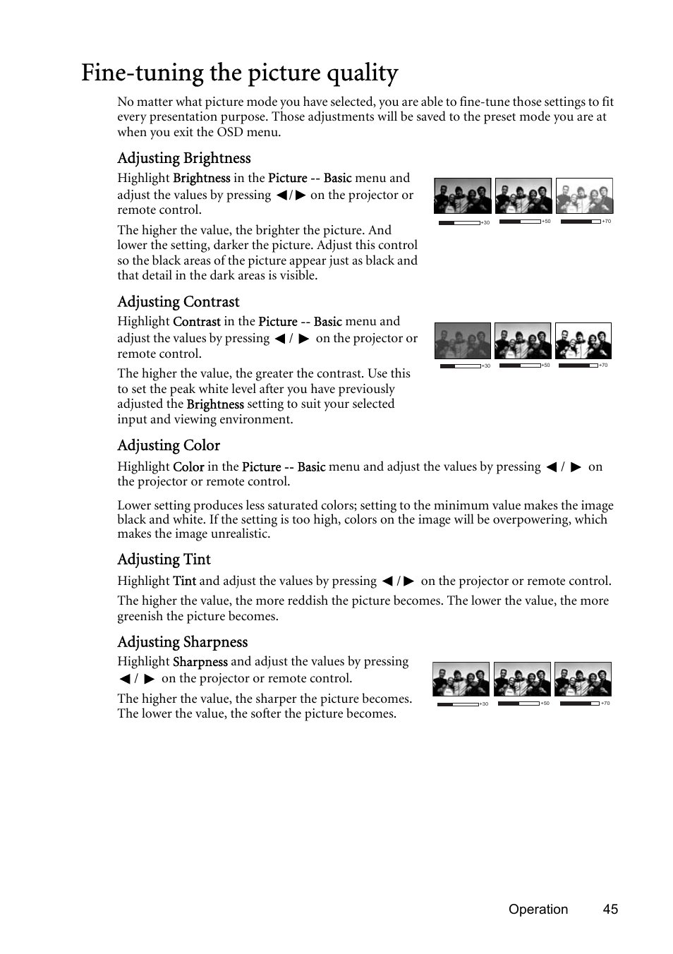 Fine-tuning the picture quality, Fine, Adjusting brightness | Adjusting contrast, Adjusting color, Adjusting tint, Adjusting sharpness | BenQ SP831 User Manual | Page 45 / 80